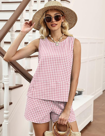 LOMON Women's Trendy 2 Piece Outfits Shorts Sets Summer Crew Neck Sleeveless Tank Top and Bottom Matching with Pockets 2026
