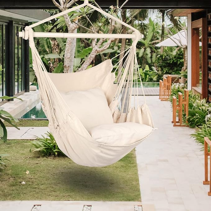 Highwild Hammock Chair Hanging Rope Swing - Max 500 Lbs - 2 Cushions Included - Steel Spreader Bar with Anti-Slip Rings - for Any Indoor or Outdoor Spaces (Beige)