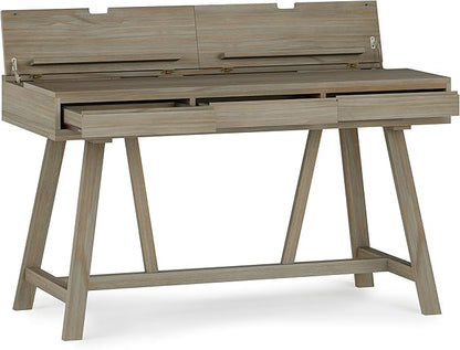 SIMPLIHOME Bowman SOLID WOOD Modern Industrial 54 Inch Wide Flip Up Desk in Distressed Grey, For the Office Desk, Writing Table, Workstation and Study Table