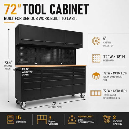 CHETTO C 72-inch Rolling Tool Chest Cabinet Mobile Workbench Black Tool Box with 3 Upper Cabinet 15 Storage Drawers Wheels Outlet SS Pegboard for Warehouses