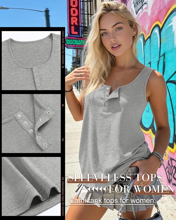 Ficerd 3 Pack Women's Henley Tank Tops Sleeveless Button Down Summer Shirts 2026 Casual Trendy Loose U Neck Tee Blouses