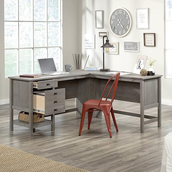 Sauder Cottage Road L-Desk, L: 65.12" x W: 58.66" x H: 29.76", Mystic Oak finish