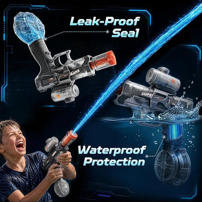 GONINO Electric Water Gun for Kids & Adults, Automatic LED Water Sprayer with Long Range Stream, Leak-Proof Rechargeable Battery Powered Outdoor Pool Toy, Summer Party Gift for Boys Girls, Gray