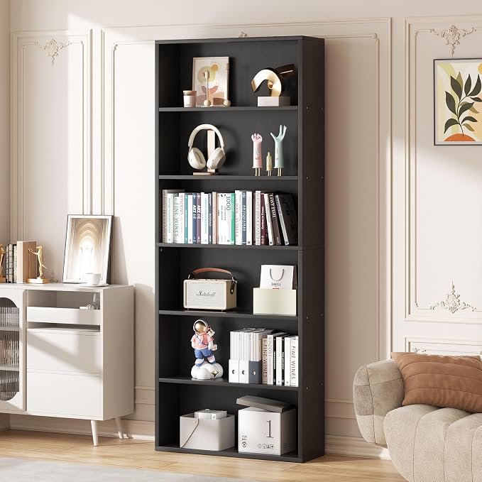 Vongrasig 6-Tier Open Bookcase and Bookshelf, Floor Standing Wood Display Storage Shelves 71 Inch Tall Bookcase Home Decor Furniture for Home Office, Living Room, Bed Room, Black