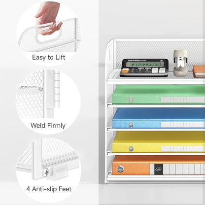 Lavatino 5 Tray Paper Organizer Letter Tray with Handle - Mesh Desk File Organizer, Paper Sorter Organizer for Office, Home or School File Folder Holder - White