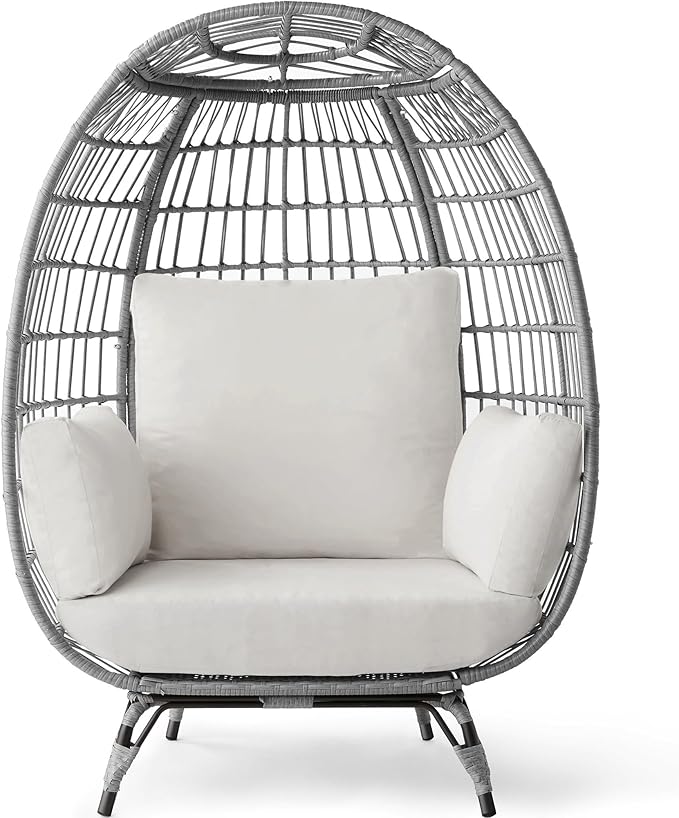 Best Choice Products Wicker Egg Chair, Oversized Indoor Outdoor Lounger for Patio, Backyard, Living Room w/ 4 Cushions, Steel Frame, 440lb Capacity - Gray/White Sand