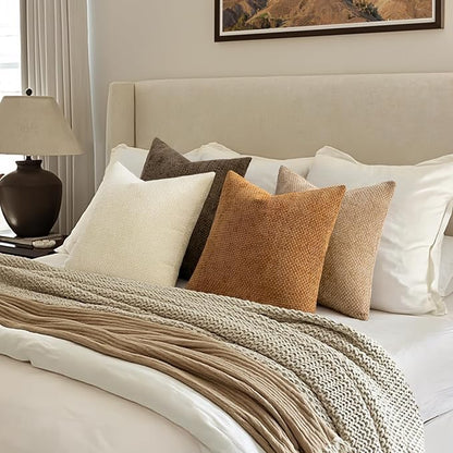 MIULEE Pack of 4 Brown Couch Throw Pillow Covers 22x22 Inch Soft Decorative Chenille Pillows Farmhouse Accent Cushions for Boho Fall Home Decor Sofa Bedroom Living Room