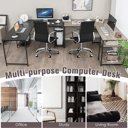 L-Shaped Home Office Desk, Corner Computer Desk w/Monitor Stand, Reversible PC Desk w/Heavy-Duty Metal Frame, Long Office Desk for 2 Person, Space-Saving Design (Grey)