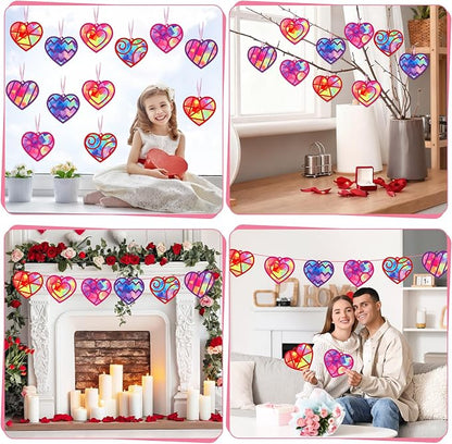 Qyeahkj 36 Set Valentine's Day Suncatchers Craft Kit DIY Heart Window Stained Glass Effect Paper Pink Love Window Tissue Paper Craft Home Decor Valentines Art Supplies Favor Gift