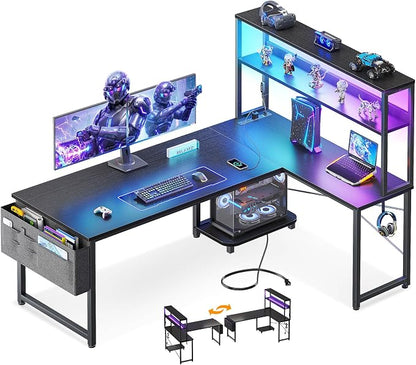ODK 53" L Shaped Gaming Desk with Shelves, LED & Outlets, Black | Hook for headset, bag for gear. Shelves for books & supplies. LED for gaming nights. Reversible. Home office computer desk.