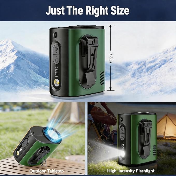 Portable Wearable Waist Fan,with Ice Cooler & Flashlight,10000mAh Rechargeable Clip On Belt Cooling Fan, 100-Speed 16000RPM Personal Body Fan,20H Work Time for Camping,Outdoor,Jobsite(Green)