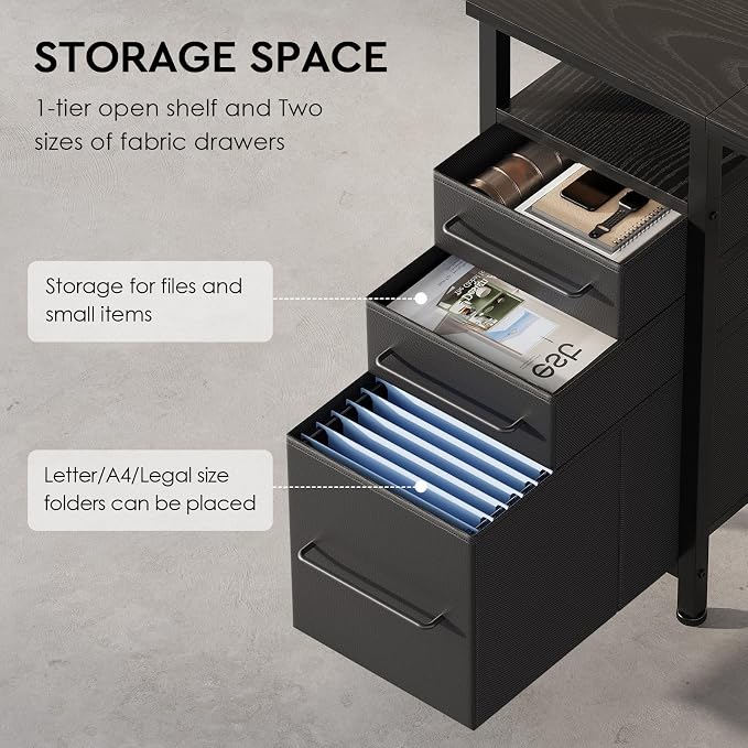 Maihail Small Desk with Drawers, Office Desk with Storage Shelves, Black | 40 Inch Desktop, Metal Frame, 3 Fabric Drawers, Storage Shelves, Computer & Writing Desk, Office Gaming Workstation