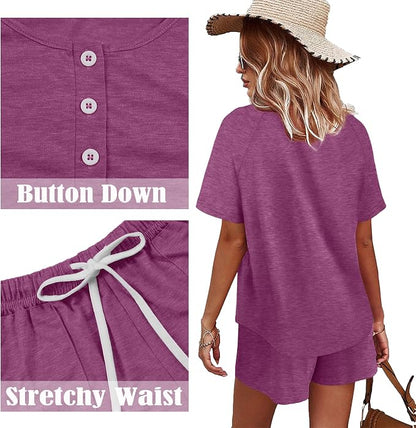 WIHOLL Two Piece Outfits for Women Lounge Sets Button Down Top and Shorts Set Sweatsuits with Pockets