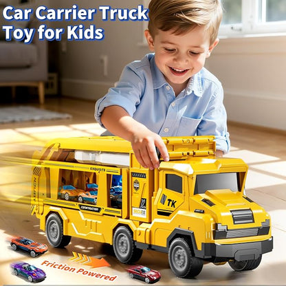 3-in-1 Kid Carrier Truck Toy Car Tracks for Toddlers 2-4 Years Old with 12 Racing Cars Toys, Foldable Chasing Race Track and Car Garage, Car Ramps Birthday Gift for Boys Girls 3-5 4-8(Yellow)