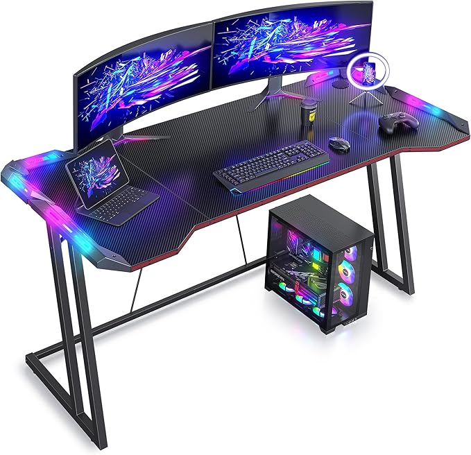 CubiCubi Gaming Desk with LED Lights, 55 Inch Z Shaped Gamer Desk, Home Game Computer Desk with Carbon Fiber Surface, Ergonomic Office PC Workstation with Cable Management, Black