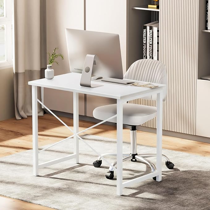 Sweetcrispy 32-Inch Small Computer Desk for Bedroom, Light White | Gaming Writing Work and Study Desk for Home Office, Sturdy Metal Frame and Compact Modern Design with X-Shaped
