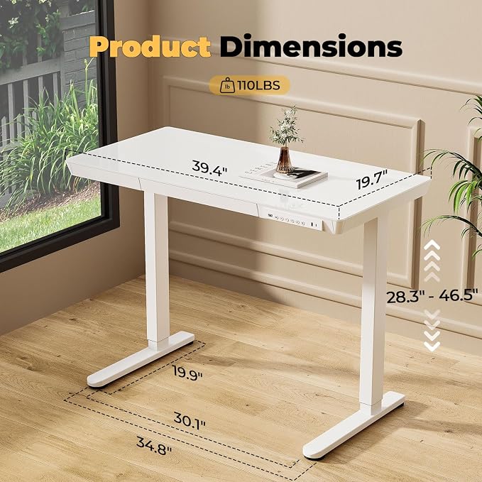40" Glass Standing Desk with Drawer, Electric Stand up Desk | Height Adjustable Desk with One-Piece Tabletop & USB Charging Ports, Sit Stand Desk with Storage for Home Office, White