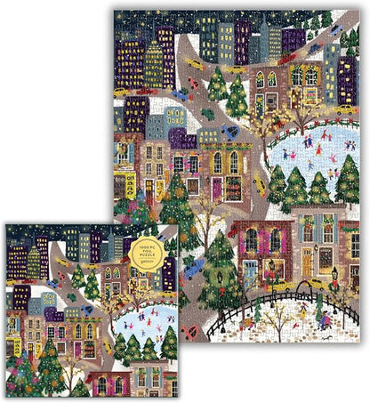 Galison Sparkling City – 1000 Piece Foil Puzzle with Illustrations of Colorful Merriments in The City with Gold Foil Accents