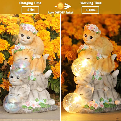 Solar Cat Garden Statue Resin Cat Statue Decor Outdoor with LED Lights for Outside Yard Art Lawn Ornaments Patio, Cat Lovers Gifts