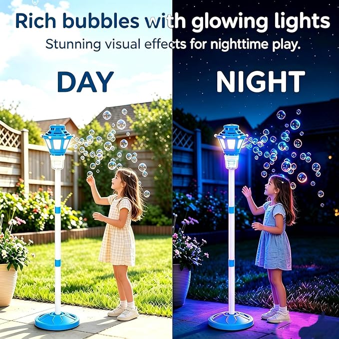 Bubble Machine for Kids Toddlers - Rechargeable Automatic Bubble Machine with Lights & Music, Bubble Blower with Adjustable Stand up to 47 Inch for Backyard Games, Birthday Party, Outdoor Play