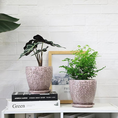 6 Inch Retro Ceramic Planter Set of 2 with Drainage Hole and Saucer for Plants, Indoor-Outdoor Garden Pots for Succulent, Orchid, and Flower (Fits Inner Pots Up to 5 Inches, Retro Peach)