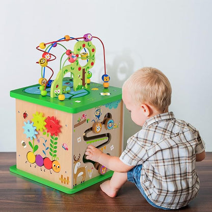 TOOKYLAND 5 in 1 Activity Center, Wooden Large Activity Play Cube 23"X13"X13", Wooden Learning Puzzle Toy for Toddlers, with Animal Friends, Shapes, Mazes, Shape Sorter