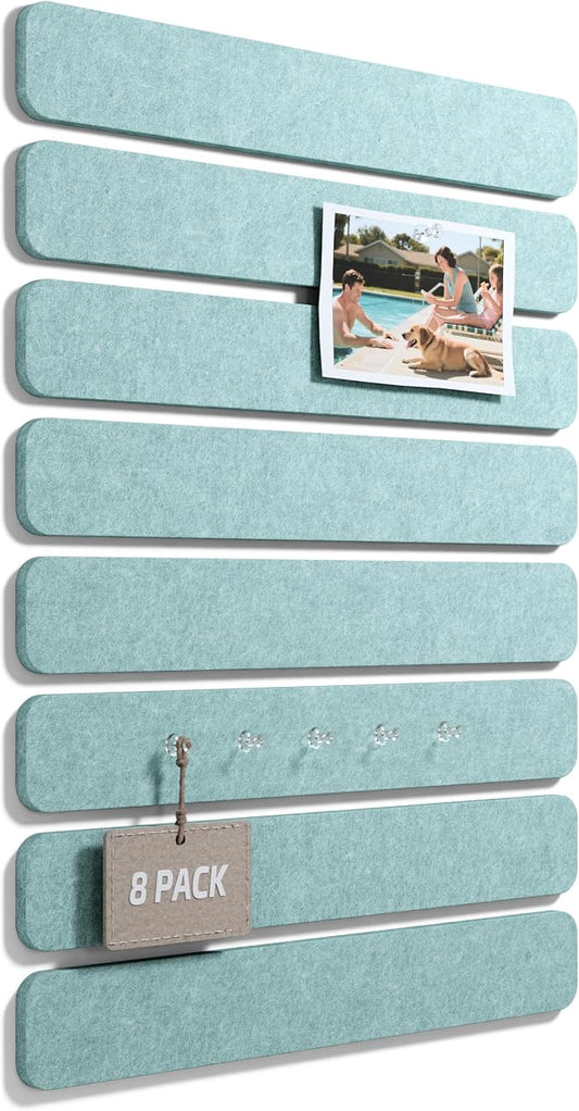 Fluxynara 13" x 2" Felt Wall Panels, Teal Blue | 8-Pack Includes 50 Push Pins and Adhesive Tabs for Photos, Notes and Decor in Bedroom Doors, Home Office or Studios