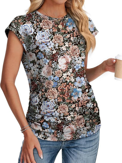 Sampeel Womens Summer Tops Trendy 2026 Ruched Cap Short Sleeve Tshirts Shirts Crew Neck T Shirts Fashion