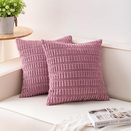 Aegero Pack of 2 Corduroy Decorative Throw Pillow Covers 24x24 Inch Soft Striped Pillow Covers Modern Farmhouse Home Decor for Sofa Living Room Couch Bed（Pink）