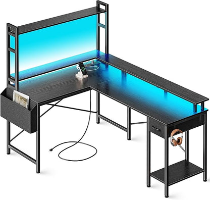 L Shaped Desk Gaming Desk with LED Lights & Power Outlets, Computer Desk with Storage Shelves, Corner Desk Home Office Desks for Bedroom, Black
