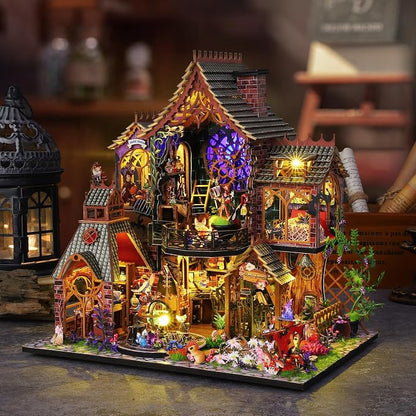 Plustopoy DIY Miniature House Kit,Tiny House Model Kit Dollhouse with Light & Tools, DIY Wooden Dollhouse Miniature Kit for Adults and Teens, Creative Craft Magic House Kit, Home Decor(Magic Spirit)