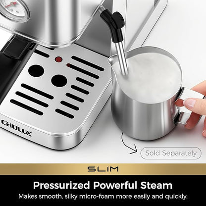 CHULUX Slim Espresso Machine with Milk Frother for Home Cappuccino & Latte | Precise Pressure Gauge, Food-Grade Materials, 20 Bar Italian Pump, Professional Temperature Control System, Stainless Steel