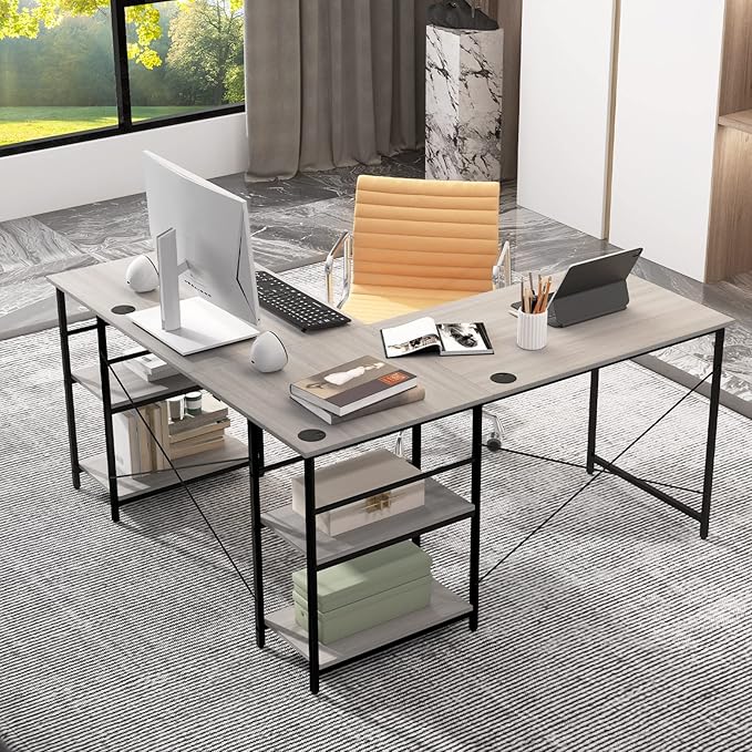 L-Shaped Home Office Desk, Corner Computer Desk w/Monitor Stand, Reversible PC Desk w/Heavy-Duty Metal Frame, Long Office Desk for 2 Person, Space-Saving Design (Grey)