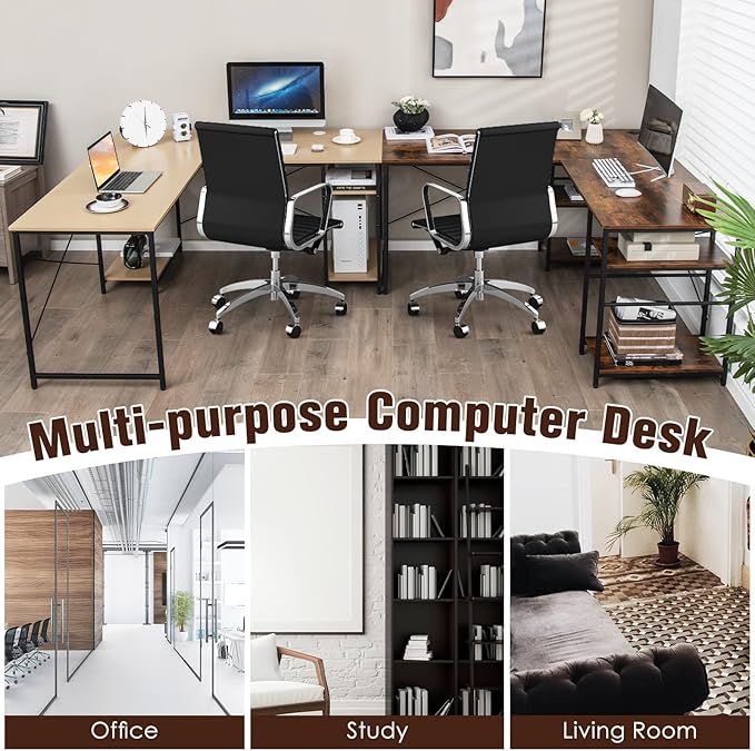 L-Shaped Home Office Desk, Corner Computer Desk w/Monitor Stand, Reversible PC Desk w/Heavy-Duty Metal Frame, Long Office Desk for 2 Person, Space-Saving Design (Rustic Brown)
