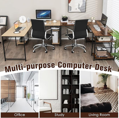 L-Shaped Home Office Desk, Corner Computer Desk w/Monitor Stand, Reversible PC Desk w/Heavy-Duty Metal Frame, Long Office Desk for 2 Person, Space-Saving Design (Rustic Brown)