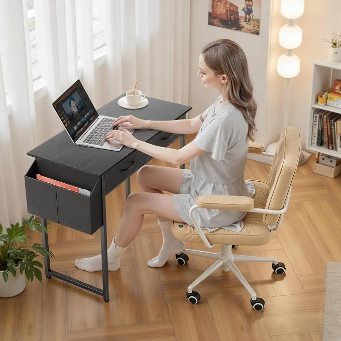 OLIXIS 32 Inch Small Desk, Gaming Computer Desk, Side Bag | Fabric Drawers, Headphone Hook, Home Office, Work Table, Writing Study, Bedroom, Black
