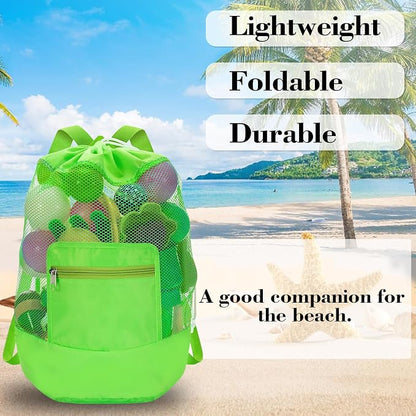 INVODA Mesh Beach Bag Drawstring Beach Backpack Foldable Toy Organizer Bag Shell Adjustable Straps Large Capacity Swim Bag
