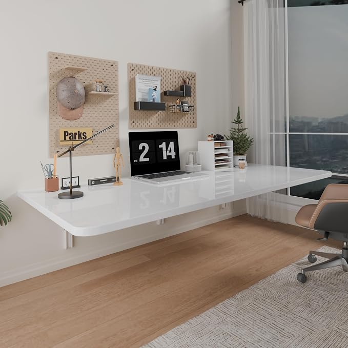 IAE 48x22in Floating Fold Desk,Wall-Mounted Folding Computer Table,White | Study Table with Shelf Brackets,Foldable Down Shelf with Engineered Wood,Fold Computer Desk for Small Apartment,Holds 509 lb