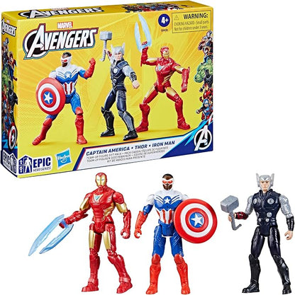 Marvel Avengers Epic Hero Series Team-Up Gift Pack, 4-Inch-Scale (10cm) Captain America, Thor, Iron Man Action Figures, Toys for Kids Ages 4 and Up (Amazon Exclusive)