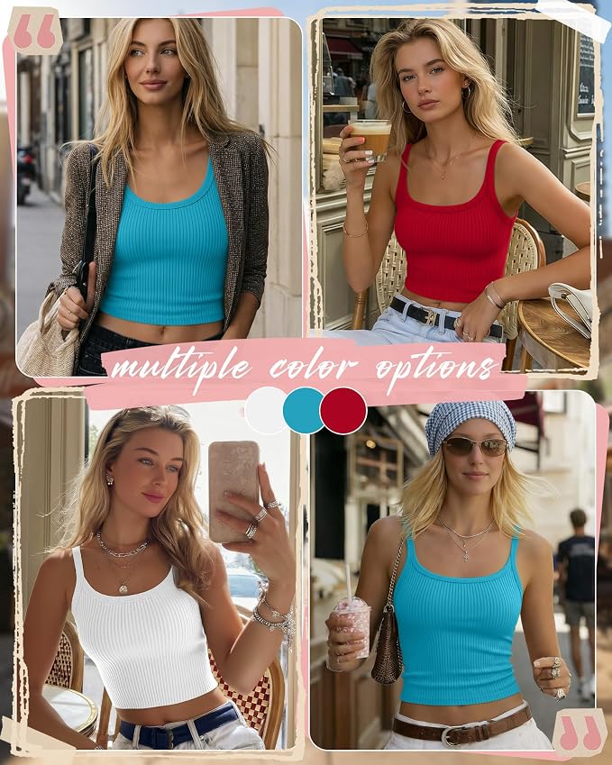 Ficerd 3 Pack Women's Tank Tops 95% Cotton Spaghetti Strap Ribbed Crop Camisole Slim Fitted Basic Summer Sleeveless Layer