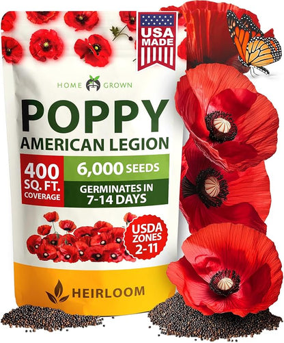 HOME GROWN American Legion Red Poppy Seeds - 6,000 Vibrant Wildflower Seeds for Planting Outdoors - Annual Poppy Flowers - Memorial Garden & Pollinator Friendly (Papaver rhoeas)