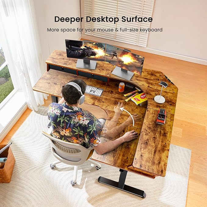 ErGear 65″ L Shaped Standing Desk for Gaming, [3 Drawers & 2 Cable Management Trays] Corner Stand up Desk w/Monitor Shelf Height Adjustable for Home Office, Vintage Brown