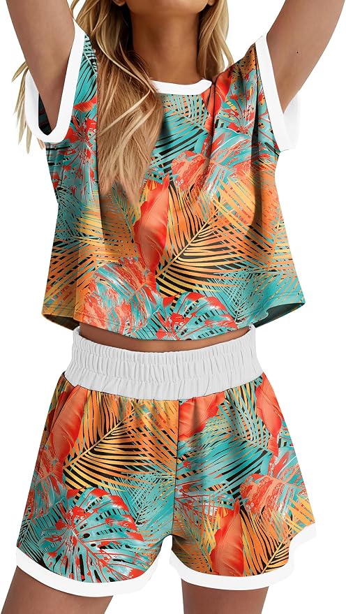 WIHOLL Two Piece Sets for Women Summer Lounge Short Sets Cap Sleeve Crew Neck Sweatsuit with Pocket XS-2XL