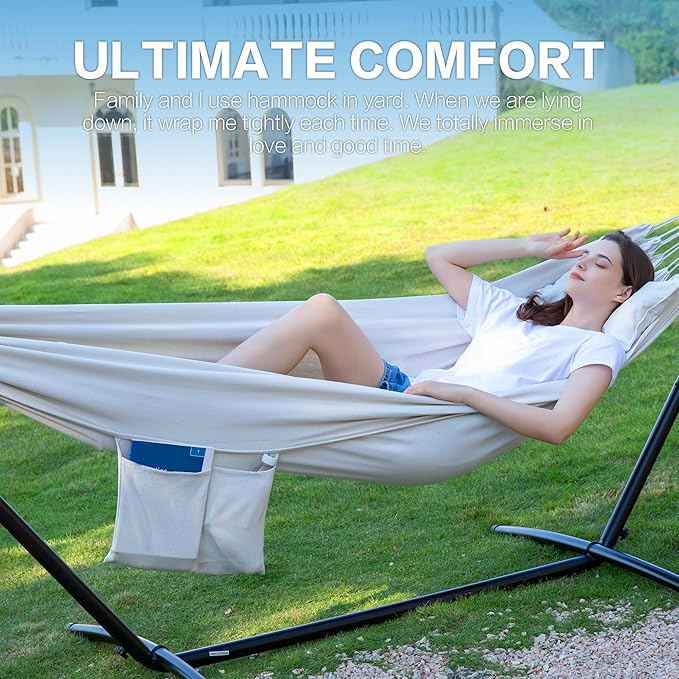 PNAEUT Double Hammocks with Stand for Outside, Portable Space Saving Heavy-Duty Steel Stand for Indoor Outdoor Patio with Carrying Bag, 450 lbs Capacity (Beige)