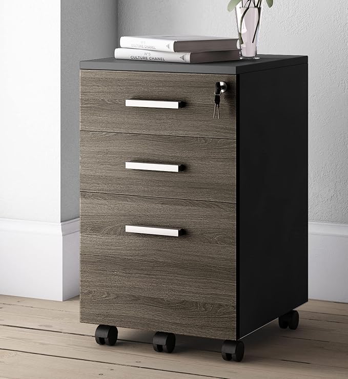 Modern Design Lazio File Cabinet, Filing Cabinets for Home Office, Drawers for Under Desk, Locking 3 Drawer Rolling Wood Filing Cabinet with Lock, Black and Grey, by Crafts and Comfort