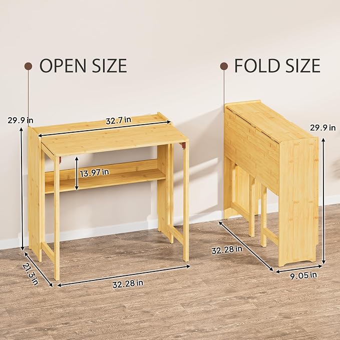 Bamboo Folding Desk for Small Spaces, Small Computer Foldable Desk, Natural | Space Saving Desk for Bedroom Home Office, Mid Century Sofa Table for Couch, Writing Work Office Desk