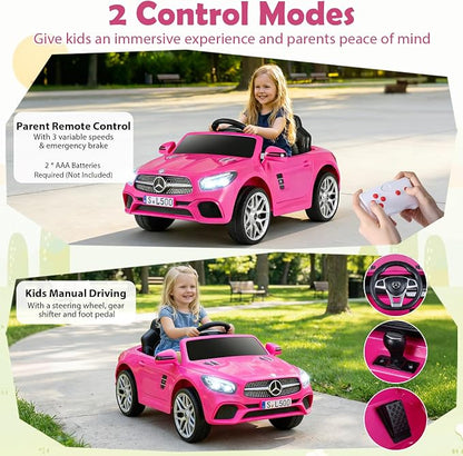 Costzon Ride On Car, 12V Licensed Mercedes Benz Electric Vehicles with Parent Remote Control, LED Headlights, Music & Wireless Connection, Kids Car for Boys Girls Aged 3-8 (SL500,Pink)