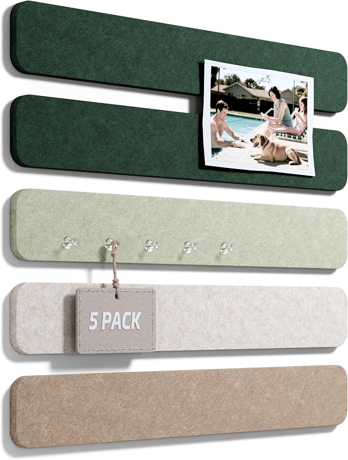 Fluxynara 13" x 2" Felt Wall Panels, Nordic Moss | 5-Pack Cork Board Alternative with 35 Push Pins, Adhesive Mounting for Bedroom Door or Home Office