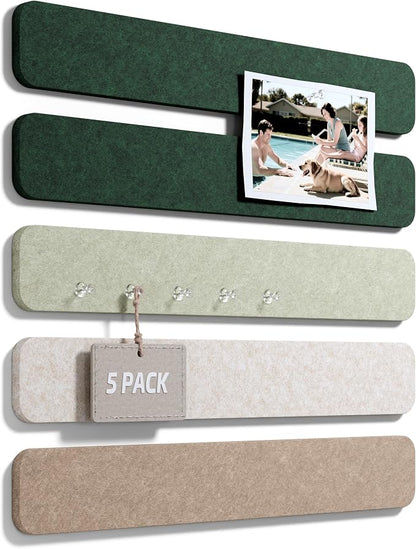 Fluxynara 13" x 2" Felt Wall Panels, Nordic Moss | 5-Pack Cork Board Alternative with 35 Push Pins, Adhesive Mounting for Bedroom Door or Home Office