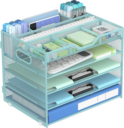Docnest 5 Tier Mesh Desk Organizer with Removable Tray&Pen Holder, Blue | Features 3 detachable pen holders and 4 removable dividers.Versatile mesh desktop storage for mail, document,office supplie